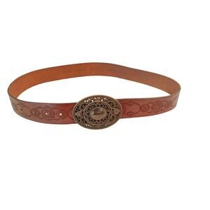 Fossil Womens Small Embossed Brown Leather Belt Medallion Big Buckle 061401